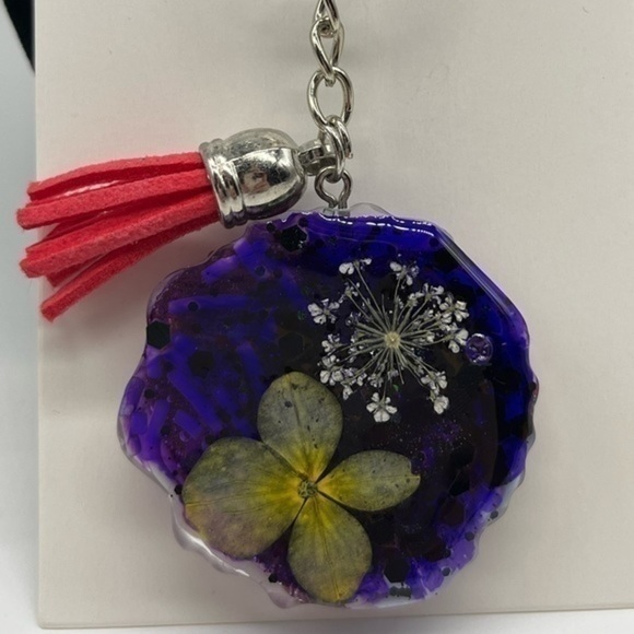 Handmade Resin Yellow & White Floral Pink Glitter & Heart Key Chain Bag Charm - Picture 2 of 5